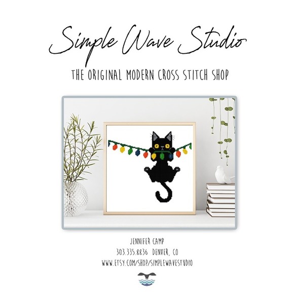Christmas Black Cat Hanging Lights Humor Counted Cross Stitch Pattern Kit - Picture 1 of 5